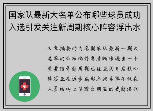 国家队最新大名单公布哪些球员成功入选引发关注新周期核心阵容浮出水面 国家队最新大名单公布哪些球员成功入选引发关注新周期核心阵容浮出水面