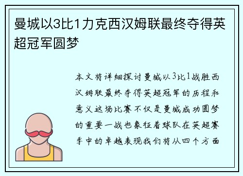 曼城以3比1力克西汉姆联最终夺得英超冠军圆梦